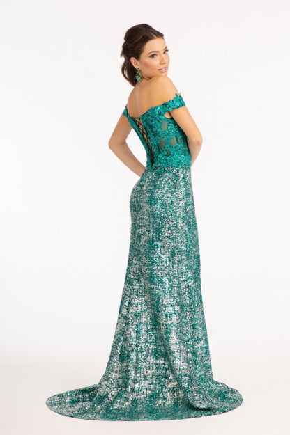 Sheer Bodice Cut-Away Shoulder Lace-Up Back Sequin Prom Dress w/ Leg Slit