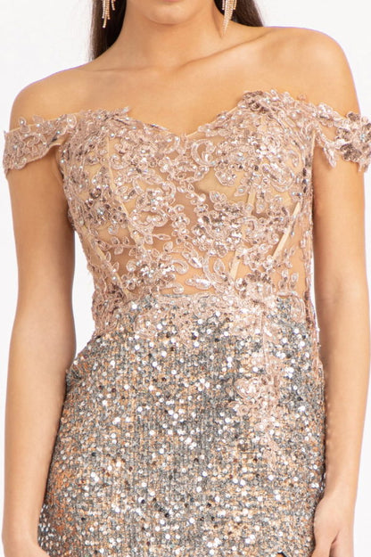 Sheer Bodice Cut-Away Shoulder Lace-Up Back Sequin Prom Dress w/ Leg Slit