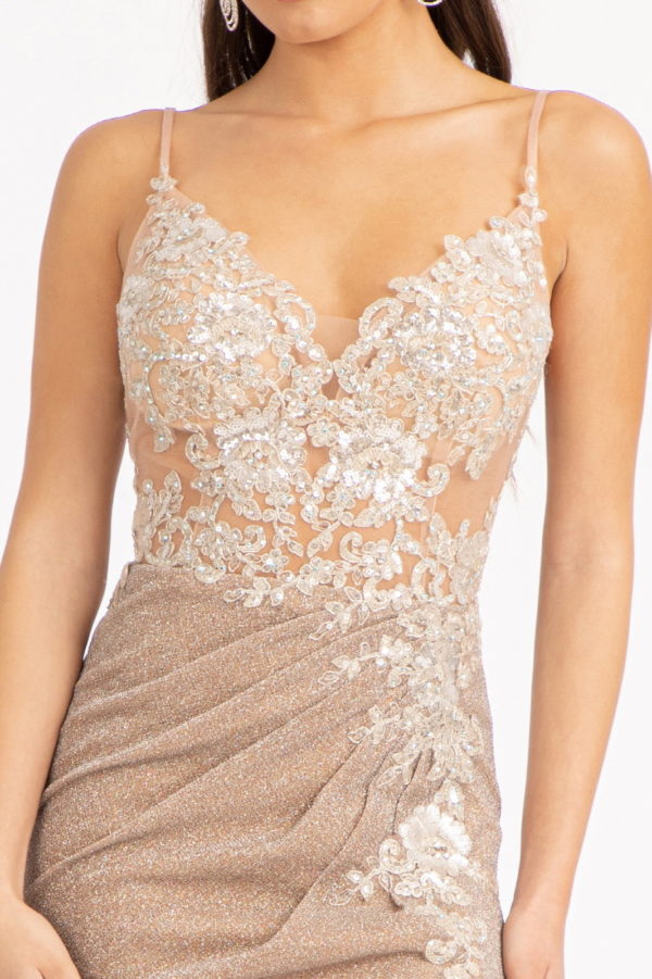 Sequin Embroidered Glitter Crepe Mermaid Dress w/ Cut-out Back and Slit