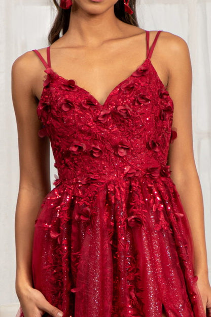 Sequin Embellished Mesh A-line Dress w/ 3-D Flower Applique and Side Slit