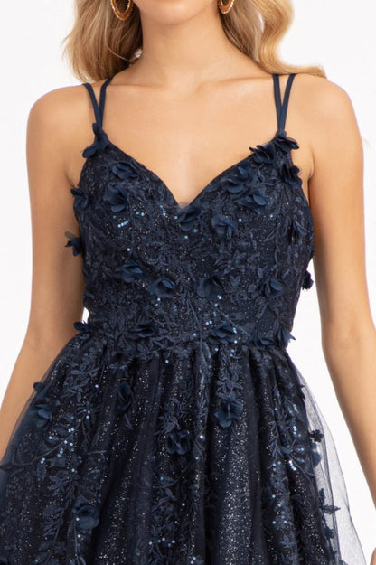 Sequin Embellished Mesh A-line Dress w/ 3-D Flower Applique and Side Slit