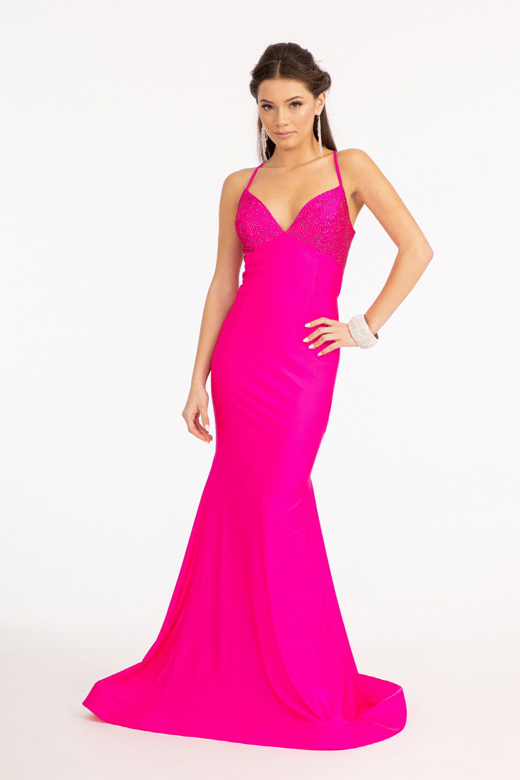 Beads Embellished Jersey Mermaid Dress w/ Strap Lace-up Back