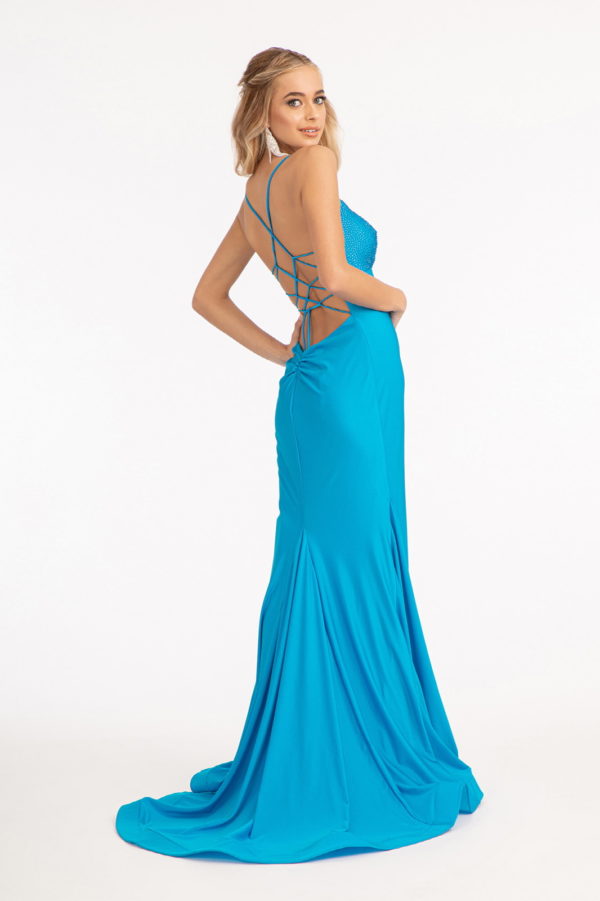 Beads Embellished Jersey Mermaid Dress w/ Strap Lace-up Back