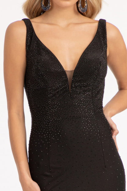Beads Embellished Jersey Mermaid Dress w/ Open Back and Sheer Sides