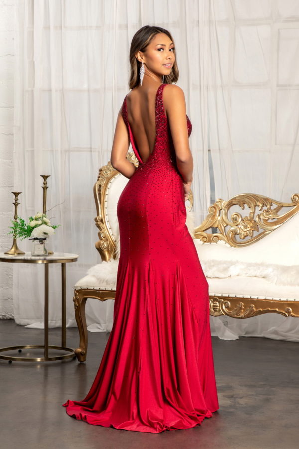 Beads Embellished Jersey Mermaid Dress w/ Open Back and Sheer Sides