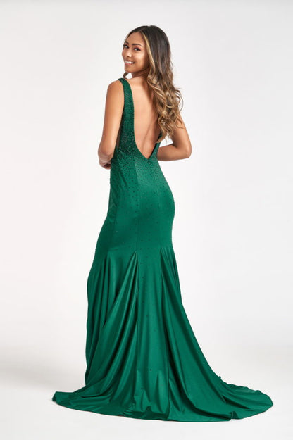 Beads Embellished Jersey Mermaid Dress w/ Open Back and Sheer Sides