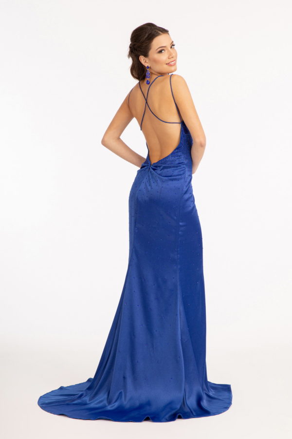 Beads Embellished Satin Mermaid Dress w/ Pleated Chest and Side Slit