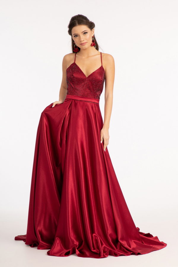 Full Rhinestone Bodice Lace-Up Back Satin Prom Dress w/ Waistband XS / Burgundy Full Rhinestone Bodice Lace-Up Back Satin Prom Dress w/ Waistband XS / Burgundy