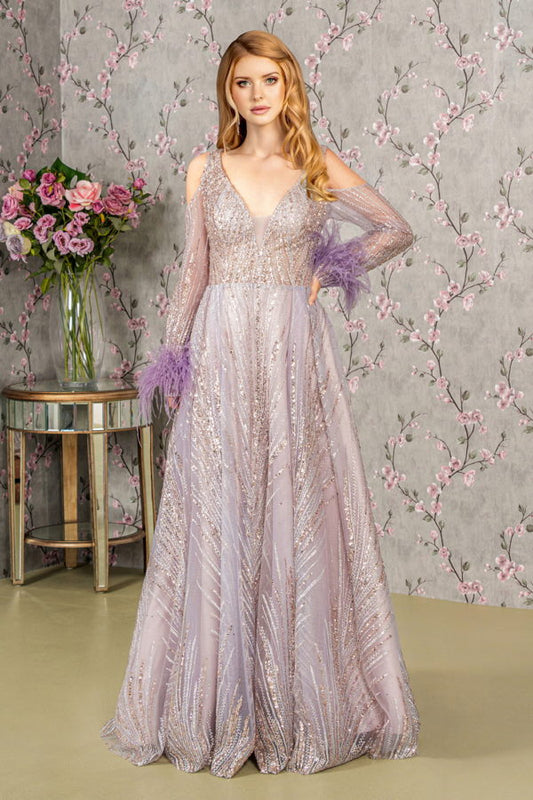 Feather-Wrist Embellished Glitter A-line Dress w/ Cut-Away Long Sleeves
