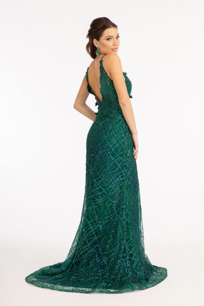 3-D Flower Glitter Embellished Mermaid Dress w/ Sheer Sides