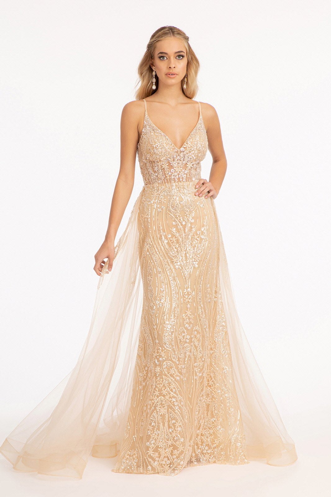 Sheer Bodice Mesh Mermaid Dress w/ Detached Layer on Waist 3XL / Champagne Sheer Bodice Mesh Mermaid Dress w/ Detached Layer on Waist 3XL / Champagne