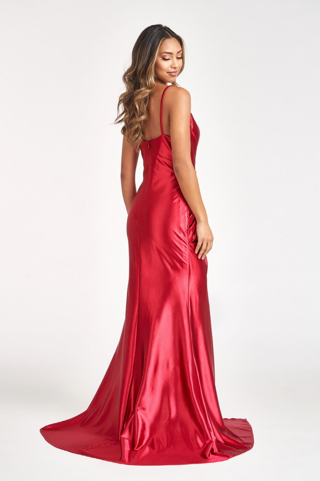 Sweetheart Satin Mermaid Dress w/ Open Back and Side Gathered Waistline