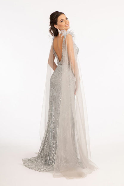 Feather-Shoulder Embellished Glitter Mermaid Dress w/ Mesh Layer Drape