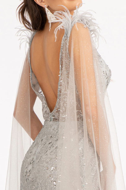 Feather-Shoulder Embellished Glitter Mermaid Dress w/ Mesh Layer Drape