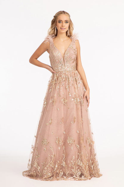 Feather-Shoulder Embellished Glitter A-line Dress w/ Sheer Open V-back