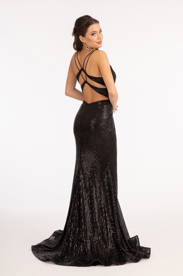 Sequin Embellished Embroidered Mermaid Dress w/ Cut-out Back and Slit