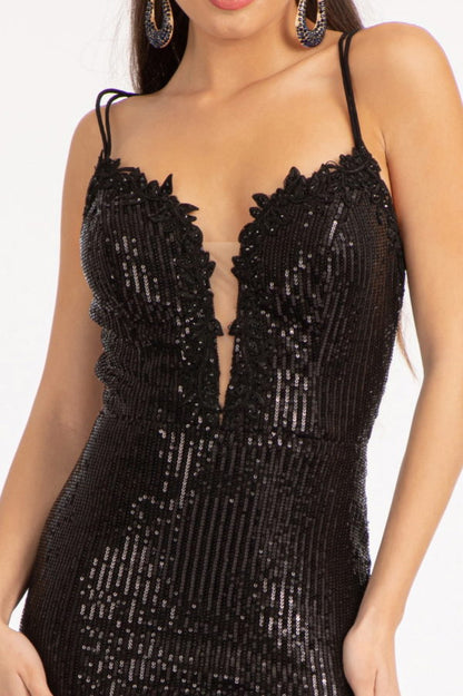 Sequin Embellished Embroidered Mermaid Dress w/ Cut-out Back and Slit