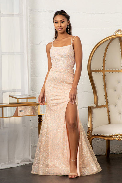 Straight Across Sequin Embellished Mesh Mermaid Dress w/ Slit