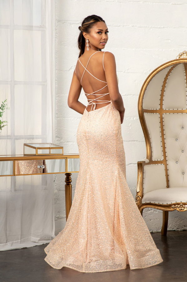 Straight Across Sequin Embellished Mesh Mermaid Dress w/ Slit