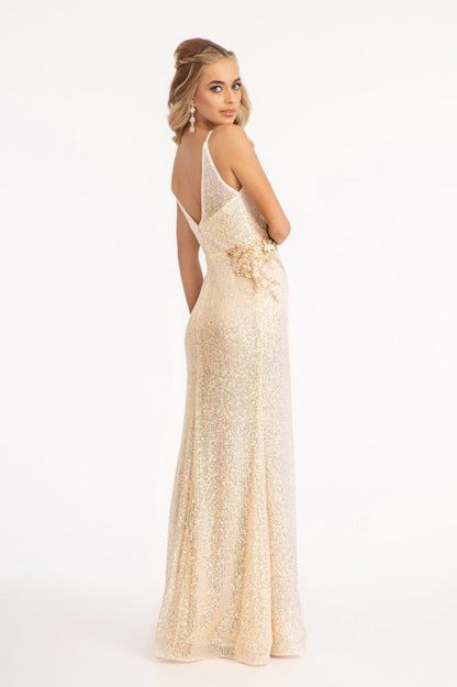 Sequin Embellished Illusion V-neck Mermaid Dress w/ Open V-back