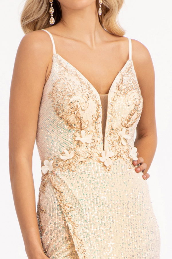 Sequin Embellished Illusion V-neck Mermaid Dress w/ Open V-back