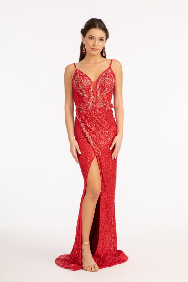 Sequin Embellished Illusion V-neck Mermaid Dress w/ Open V-back