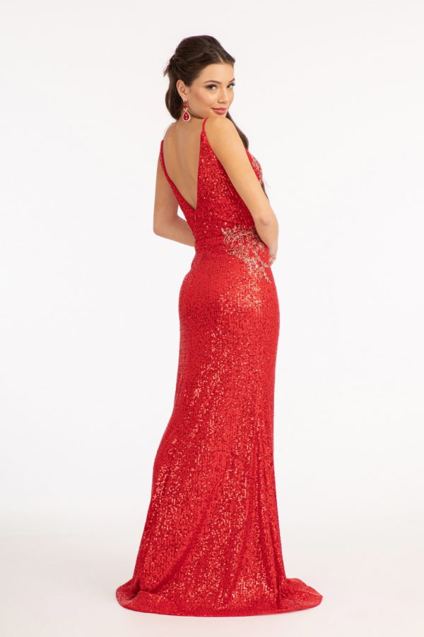 Sequin Embellished Illusion V-neck Mermaid Dress w/ Open V-back