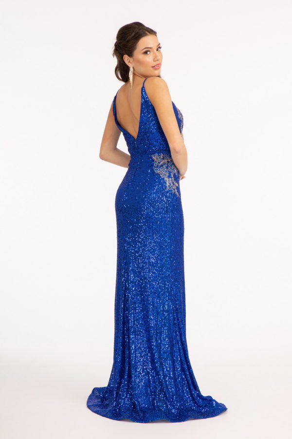 Sequin Embellished Illusion V-neck Mermaid Dress w/ Open V-back