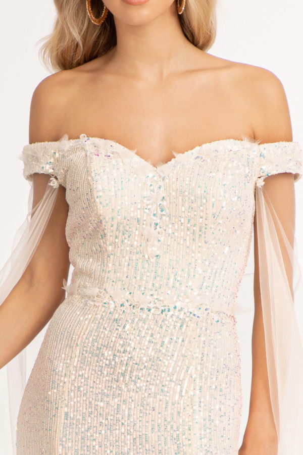 Flower Applique Sequin Mermaid Dress w/ Detached Mesh Cape