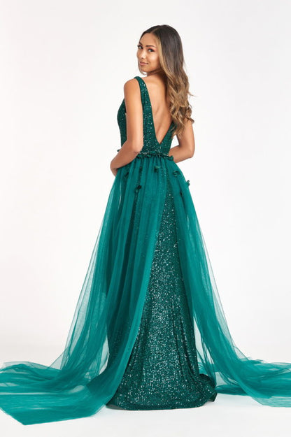 Sequin Embellished Mermaid Dress w/ Jewel Embellished Detached Mesh Layer