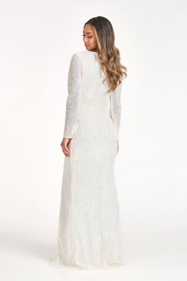 Gathered Waist Sequin Embellished Mermaid Dress w/ Long Sleeves