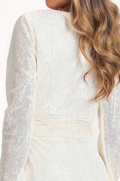 Gathered Waist Sequin Embellished Mermaid Dress w/ Long Sleeves