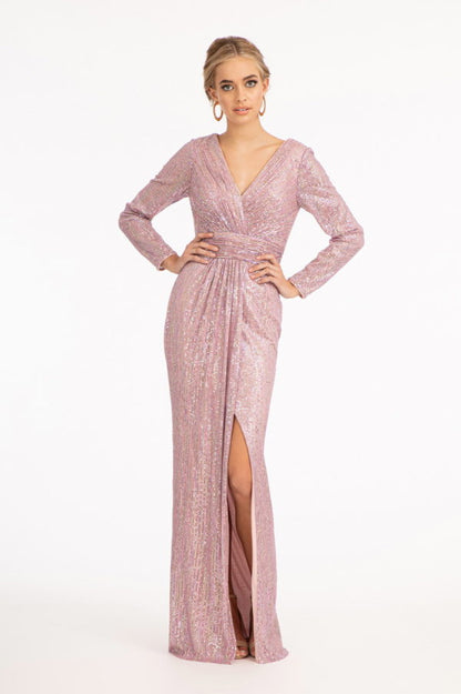 Gathered Waist Sequin Embellished Mermaid Dress w/ Long Sleeves