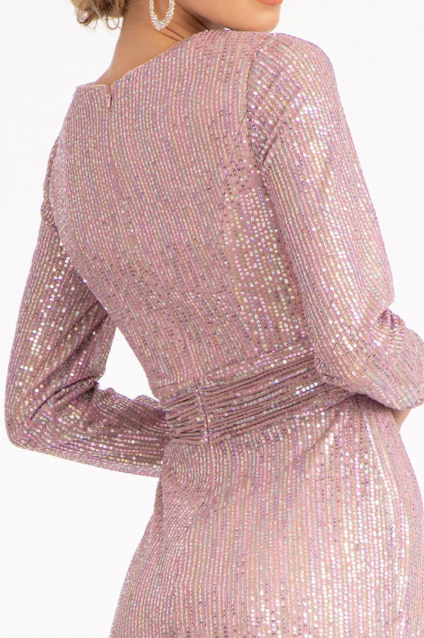 Gathered Waist Sequin Embellished Mermaid Dress w/ Long Sleeves