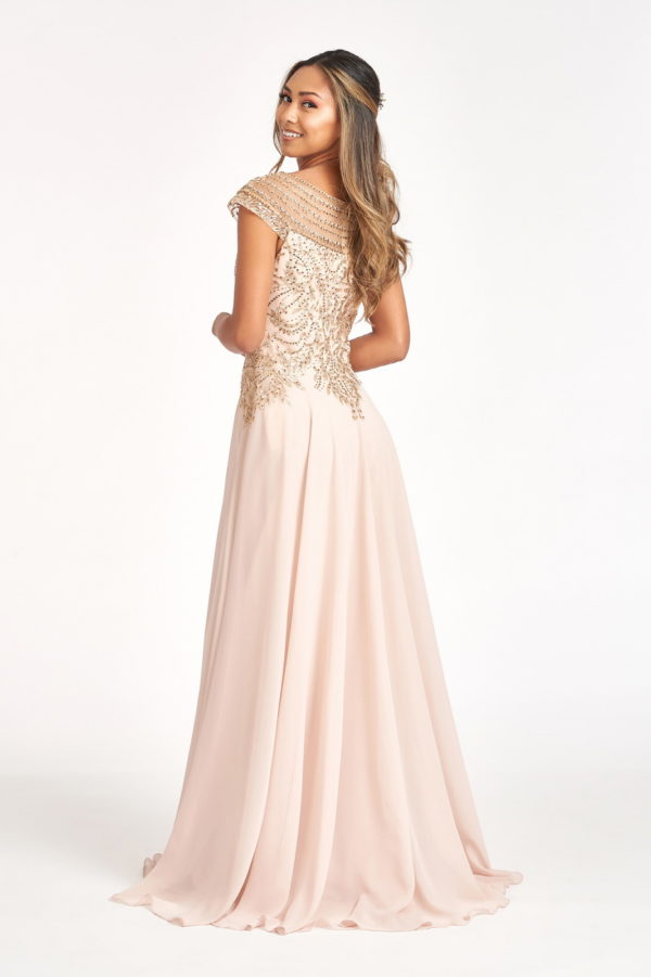 Beads Embellished Chiffon A-line Dress w/ Cap Sleeves