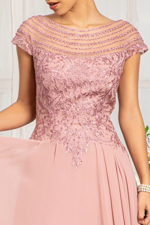 Beads Embellished Chiffon A-line Dress w/ Cap Sleeves