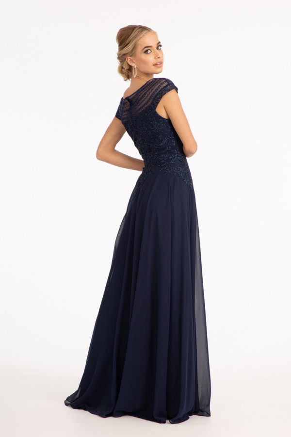 Beads Embellished Chiffon A-line Dress w/ Cap Sleeves