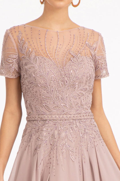 Embroidered Chiffon A-line Dress w/ Short Sleeves and Waistband