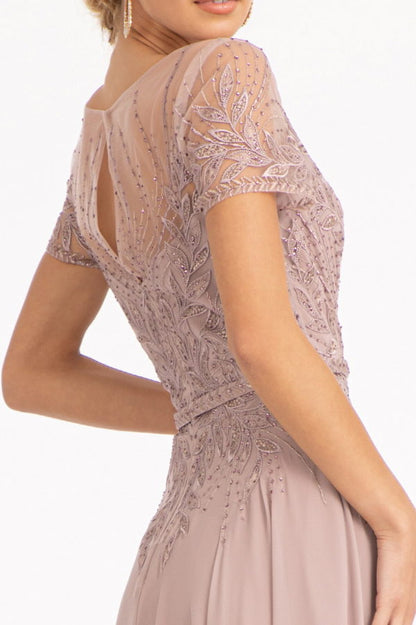 Embroidered Chiffon A-line Dress w/ Short Sleeves and Waistband