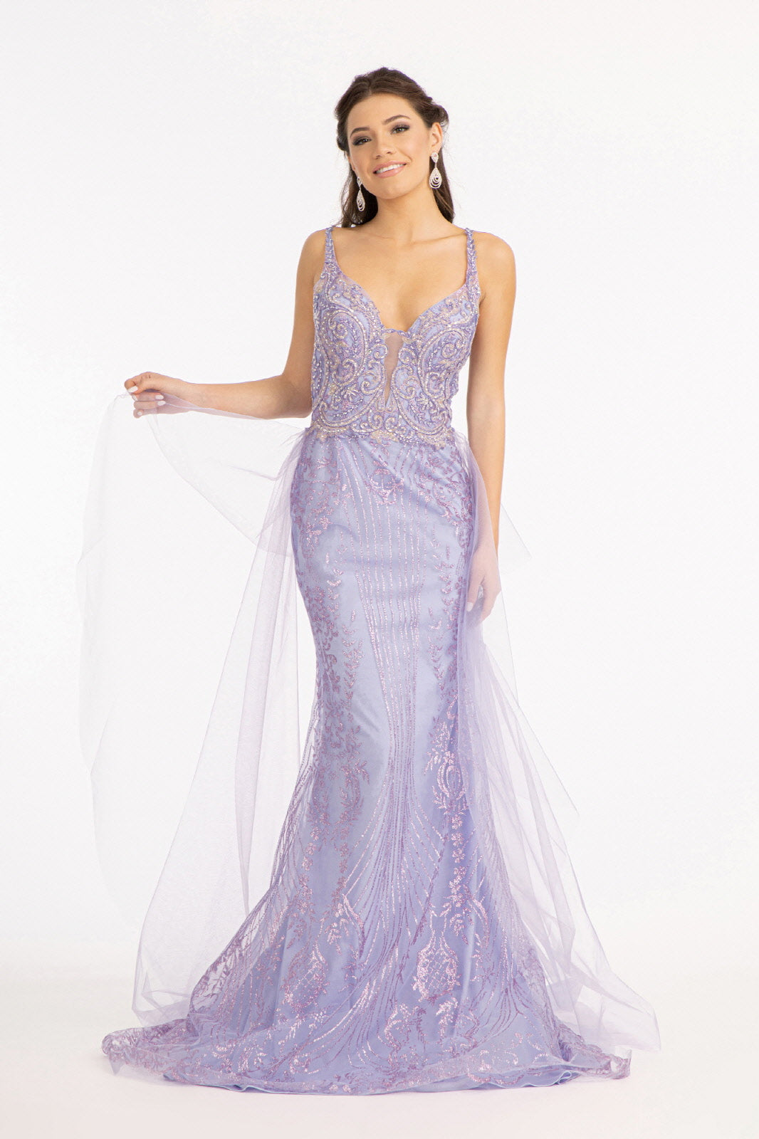 Beads Embellished Mesh Mermaid Dress w/ Detached Mesh Layer on Waist