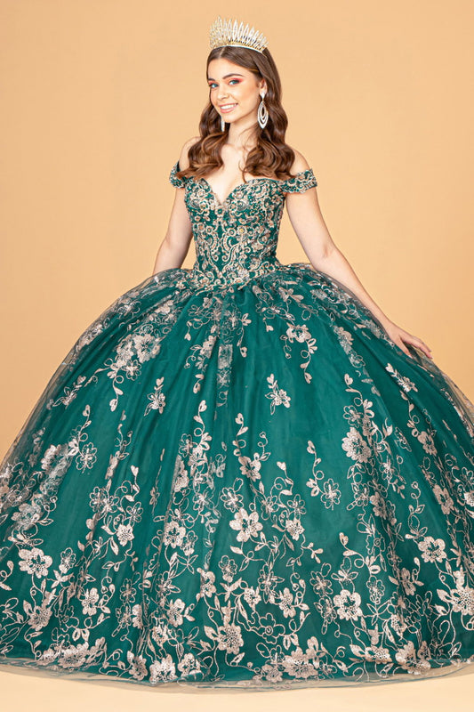 Embroidered Off Shoulder Mesh Quinceanera Dress w/ Separate Long Sleeves