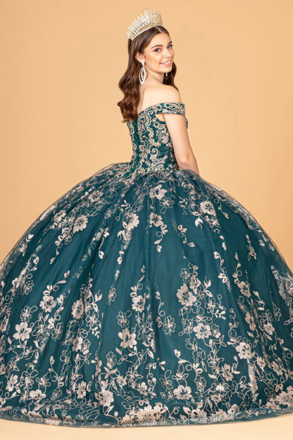 Embroidered Off Shoulder Mesh Quinceanera Dress w/ Separate Long Sleeves