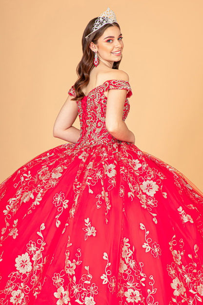 Embroidered Off Shoulder Mesh Quinceanera Dress w/ Separate Long Sleeves