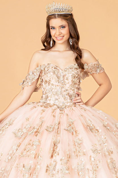 فستان Quinceanera مزين بفراشات ثلاثية الأبعاد مع ظهر مشد 