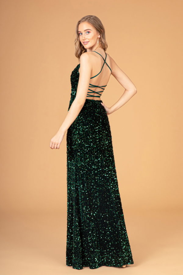 Halter Neck Velvet Sequin Long Dress w/ Ruched Bodice