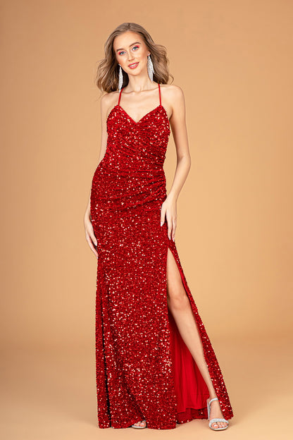 Halter Neck Velvet Sequin Long Dress w/ Ruched Bodice