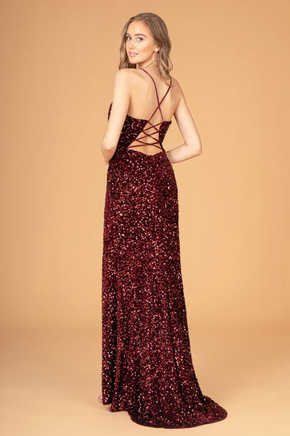 Ruched Bodice Velvet Bodycon Long Dress w/ Leg Slit