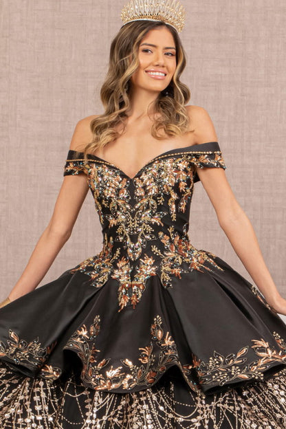 Off Shoulder Satin Quinceanera Ball Gown Embellished with Gold Embroidery