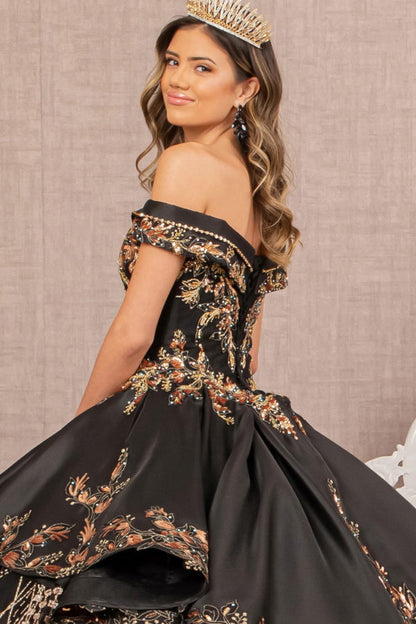 Off Shoulder Satin Quinceanera Ball Gown Embellished with Gold Embroidery