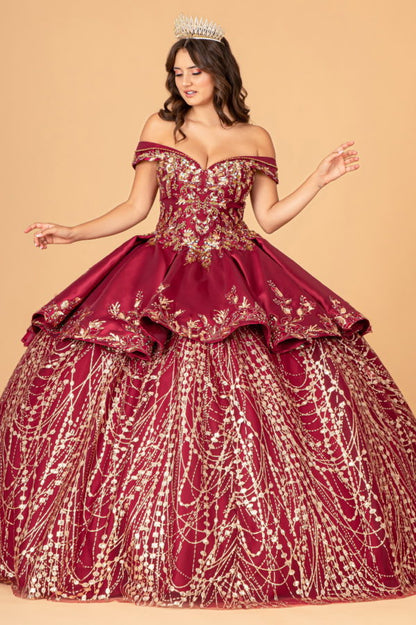 Off Shoulder Satin Quinceanera Ball Gown Embellished with Gold Embroidery